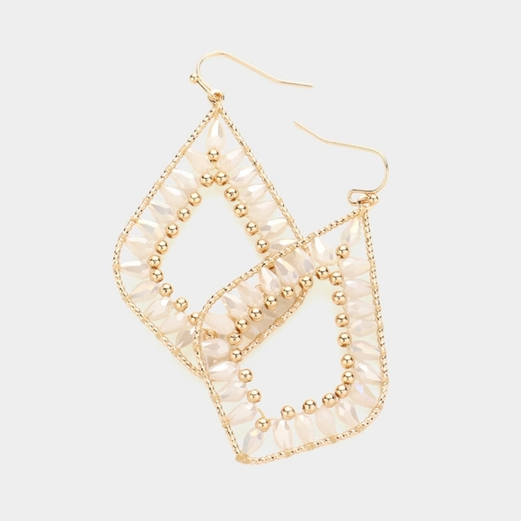 Creme Petal Paradise: Bead-Embellished Dangle Earrings - Picture 2 of 3